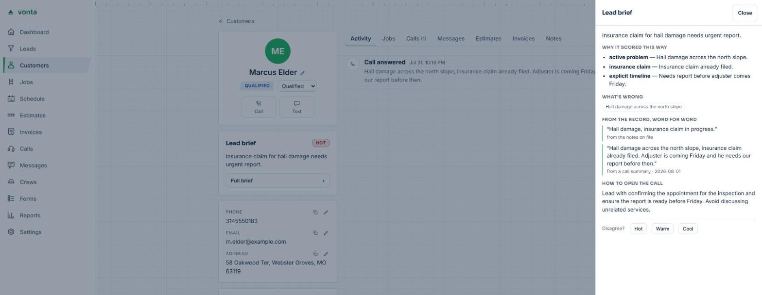 A customer record in Vonta with the lead brief open in a panel on the right: the lead is marked hot, with the reasons it scored that way, what is wrong at the property, two quotes taken word for word from the call and the notes, and a suggested way to open the call.