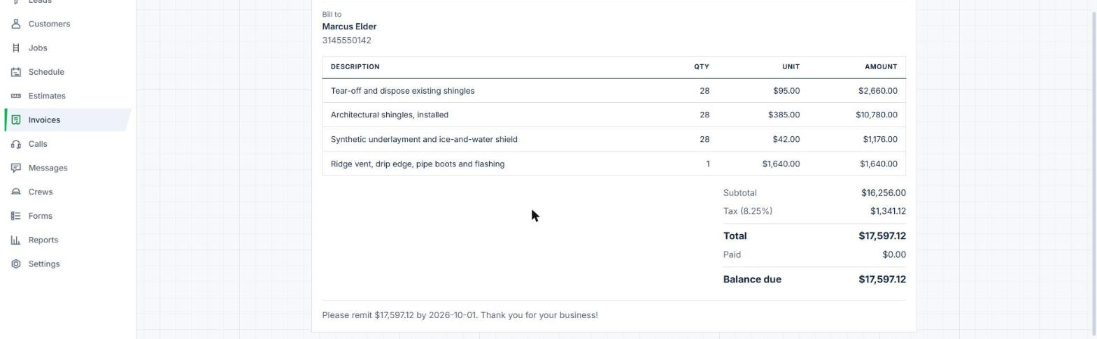A Vonta invoice with the balance owed and a pay link the homeowner can open on their phone.