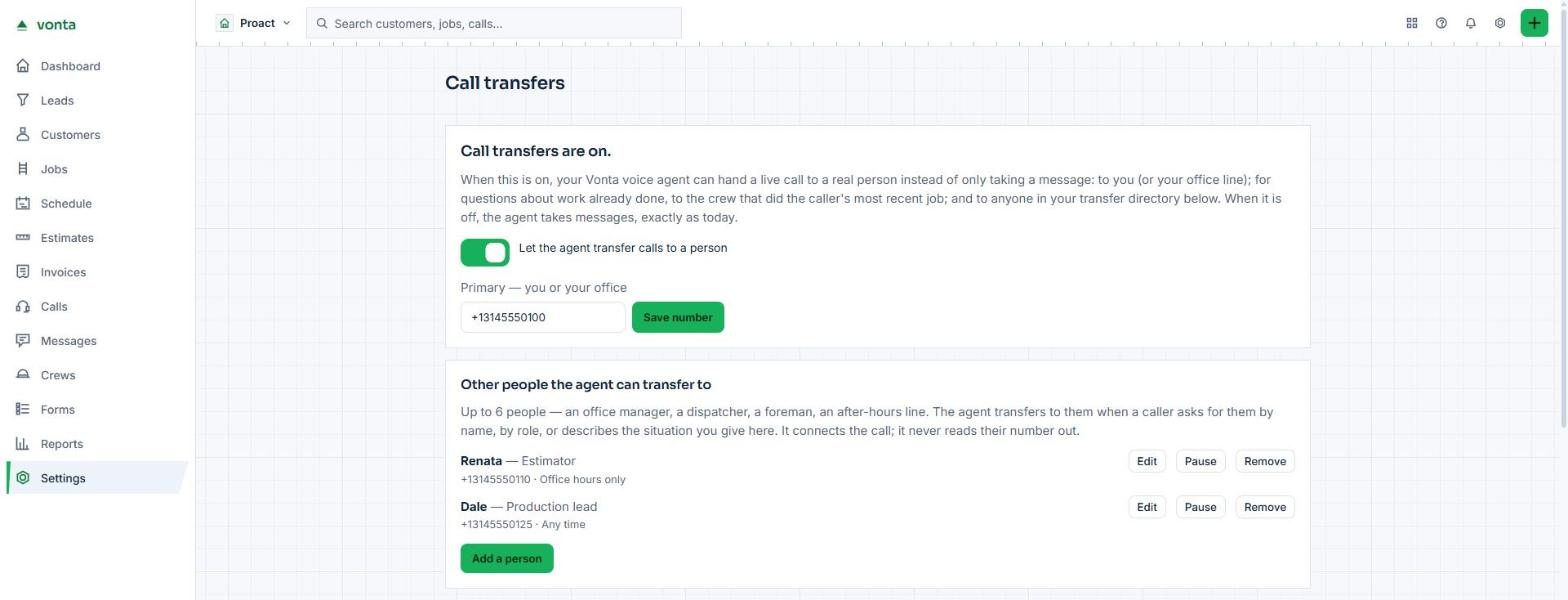 Vonta's call transfer settings, showing a directory of named people the voice agent can hand a live call to.